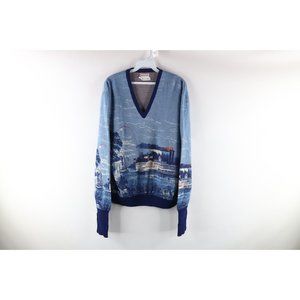 Vtg 90s Streetwear Mens Large Riverboat All Over Print Knit V-Neck Sweater USA